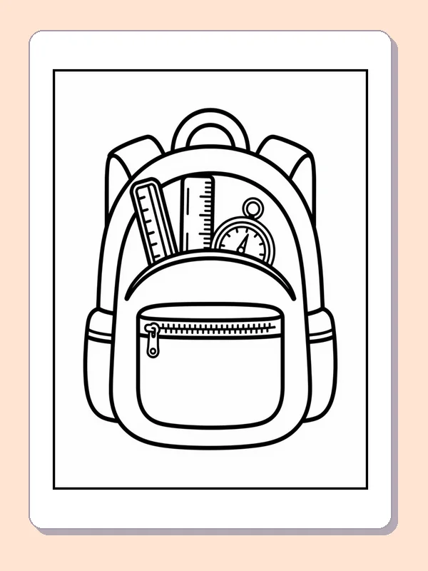Black and white backpack with ruler and round badge coloring page
