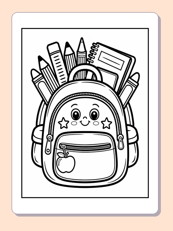 Black and white backpack with smiling face and books coloring page