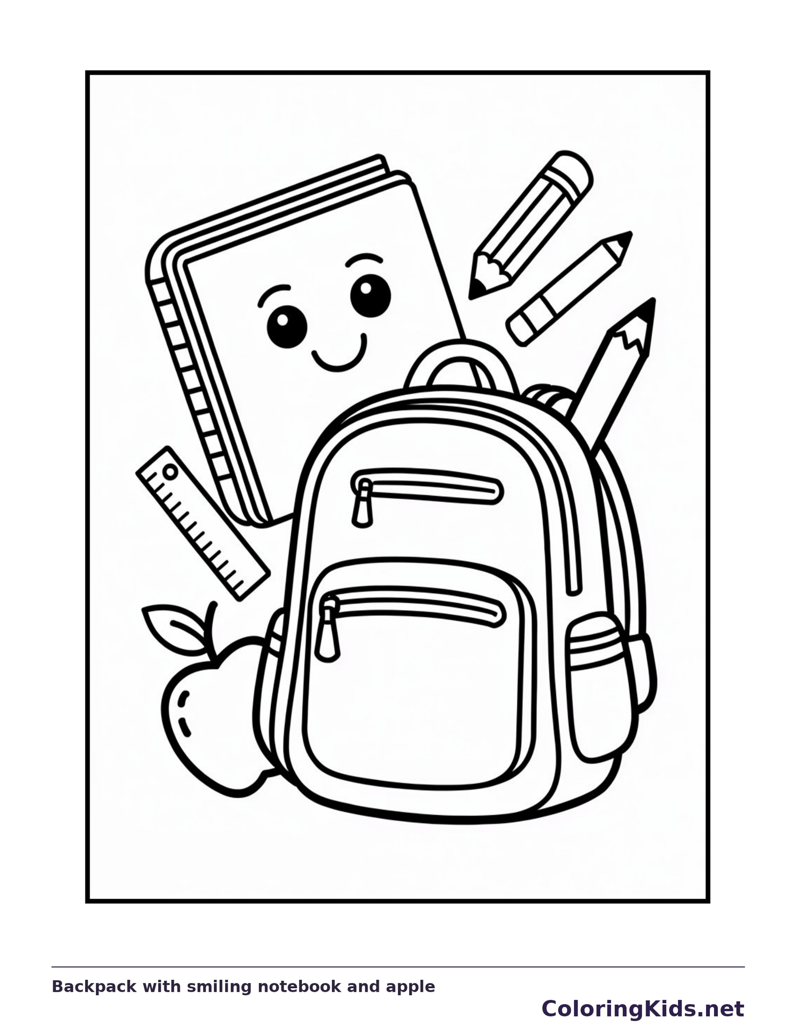 Backpack with smiling notebook and apple black and white printable coloring page