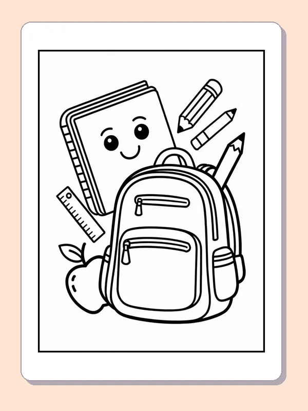 Backpack with smiling notebook and apple black and white printable coloring page