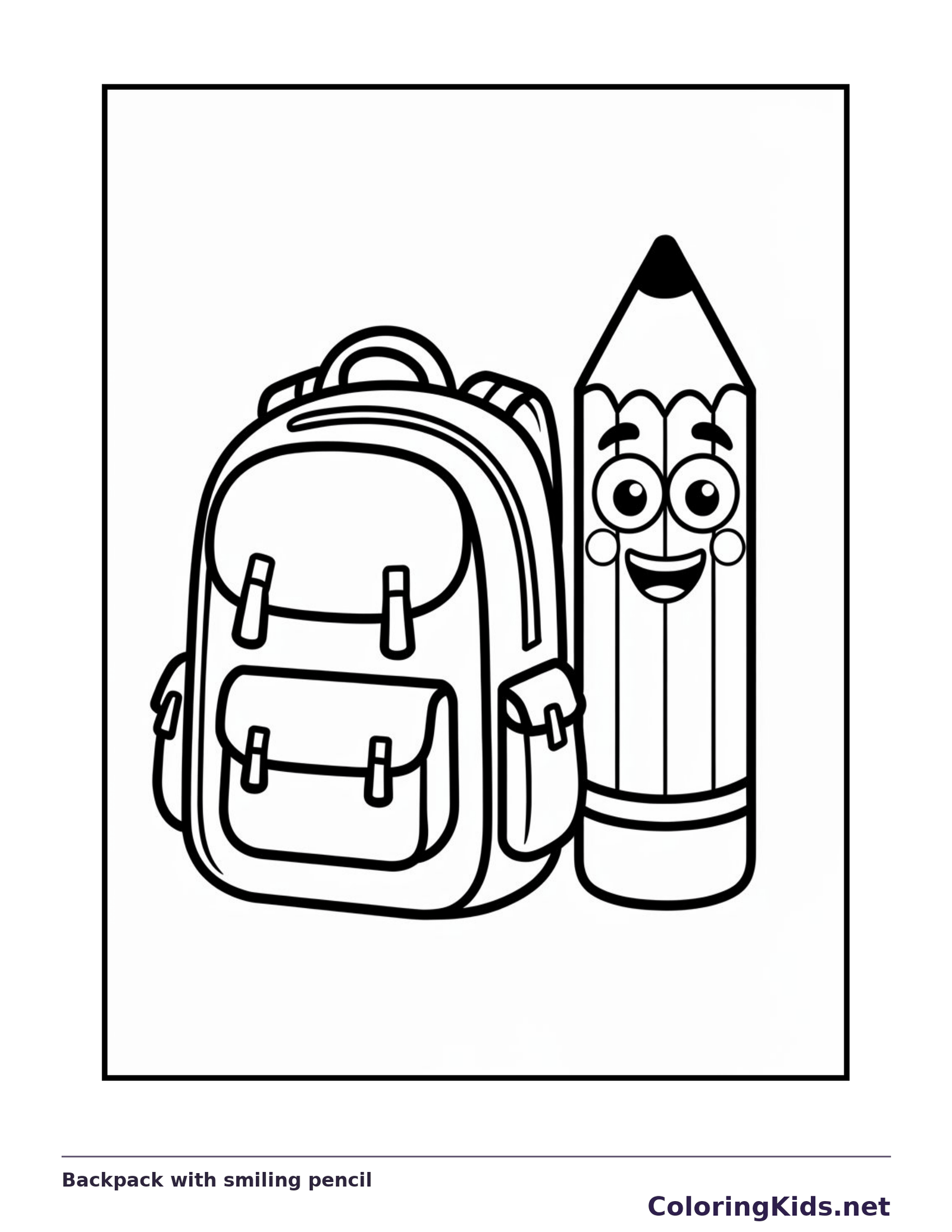 Black and white backpack with smiling pencil coloring page