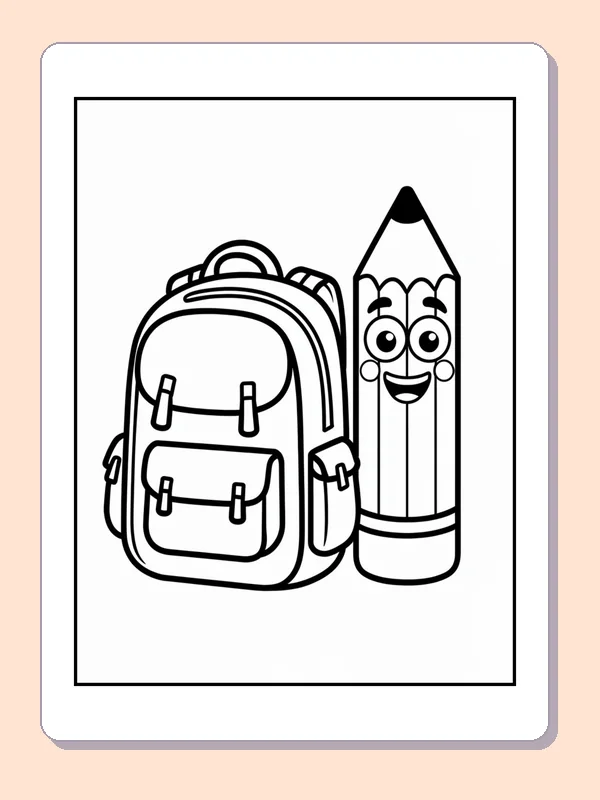 Black and white backpack with smiling pencil coloring page