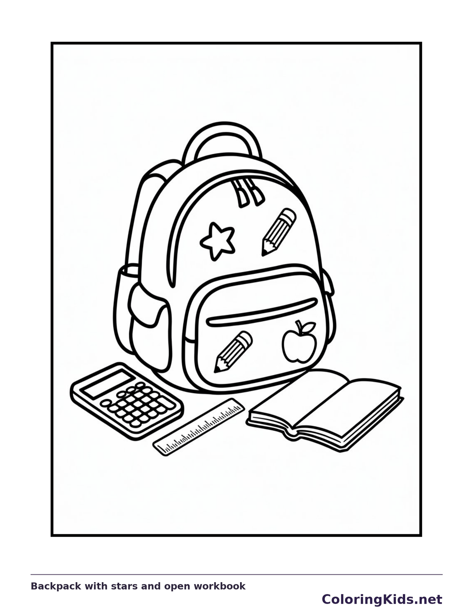 Black and white backpack with stars and open workbook coloring page