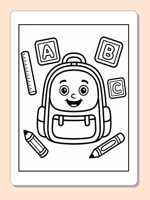 Black and white backpack with three smiling faces coloring page