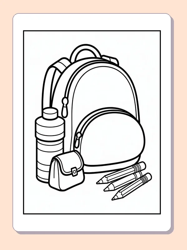 Black and white backpack with water bottle and pencil case coloring page