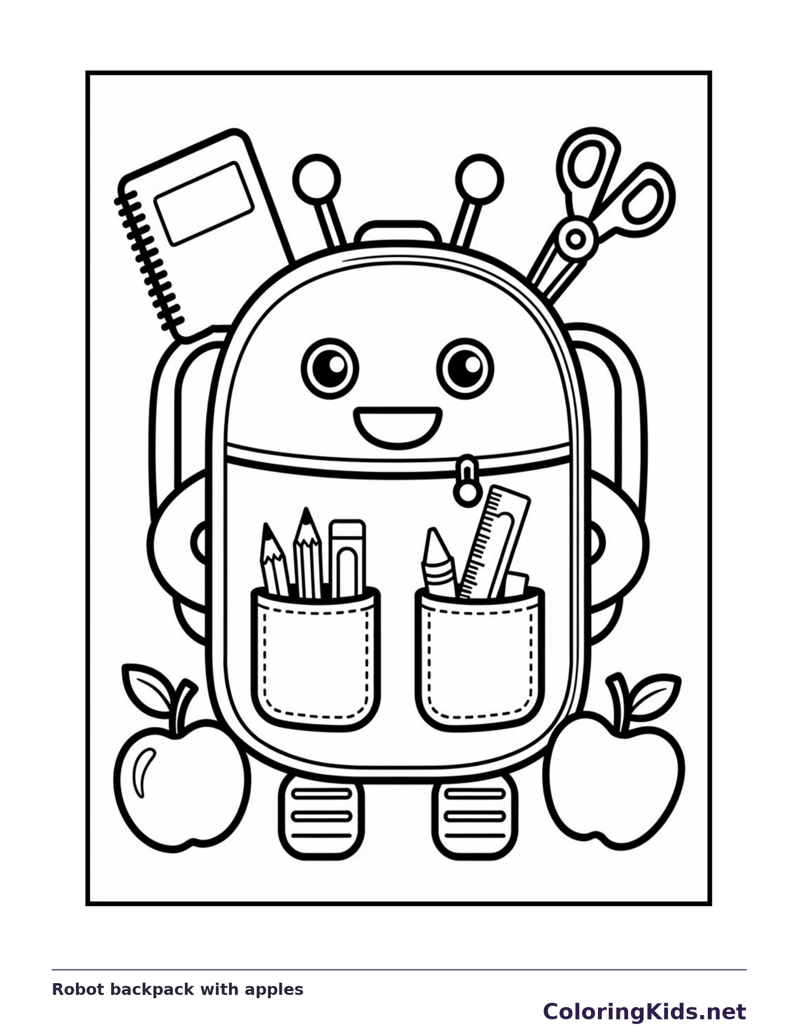 Black and white robot backpack with apples coloring page