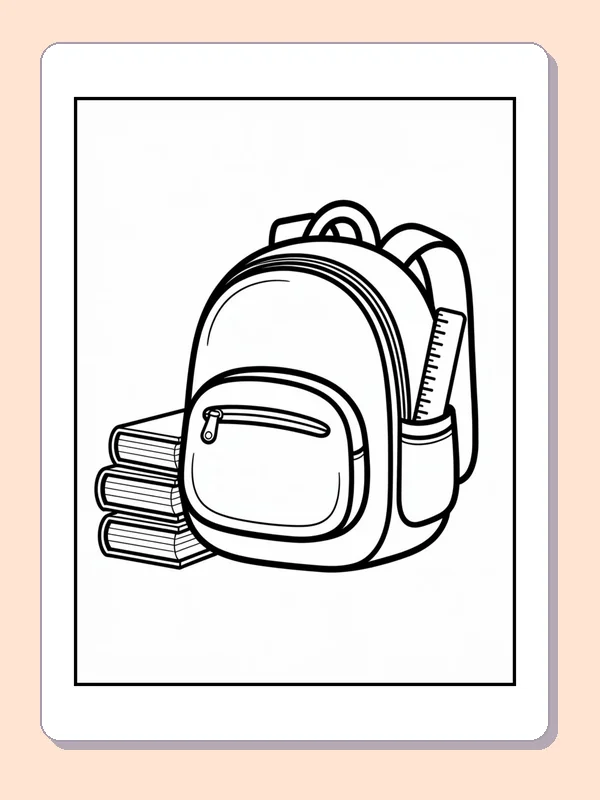 Black and white side view backpack with books coloring page