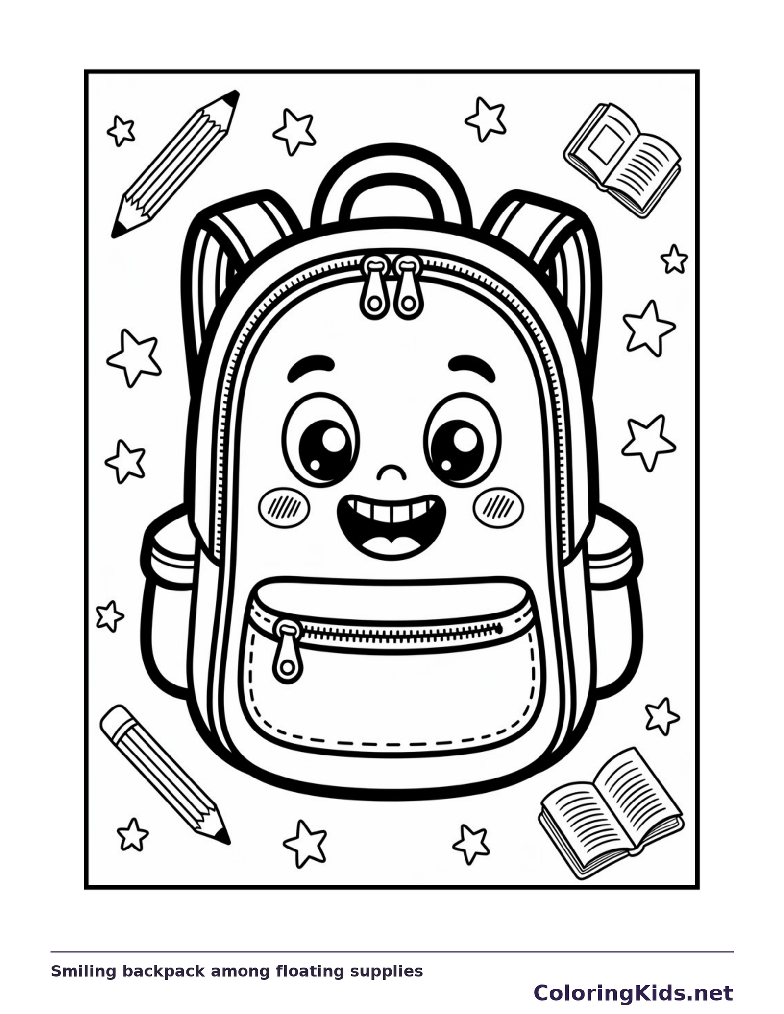 Black and white smiling backpack among floating supplies coloring page