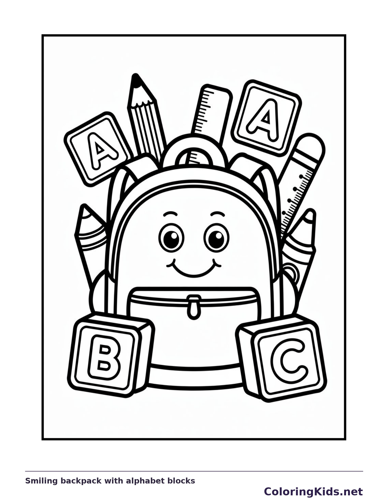 Black and white smiling backpack with alphabet blocks coloring page