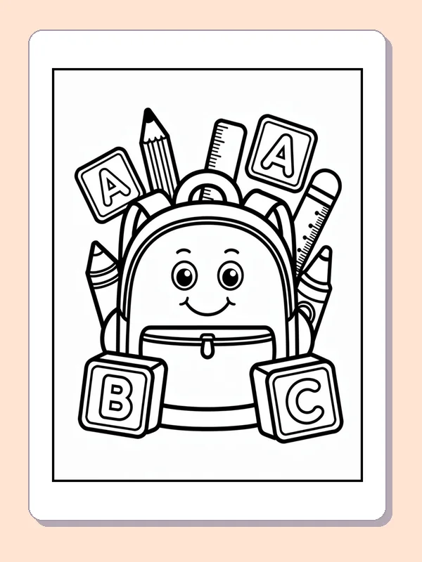 Black and white smiling backpack with alphabet blocks coloring page