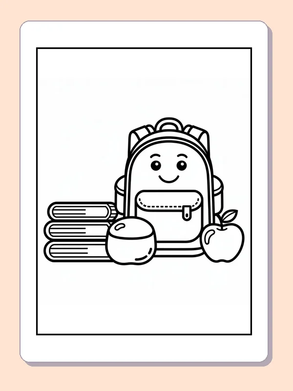 Black and white tiny backpack with apple and books coloring page