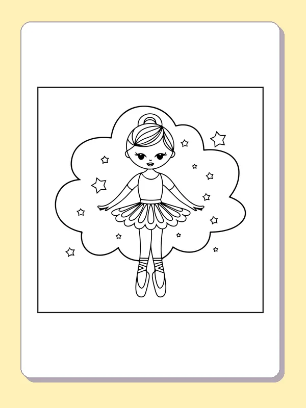 Ballerina among Stars coloring page with black and white ballet line art to print or color online