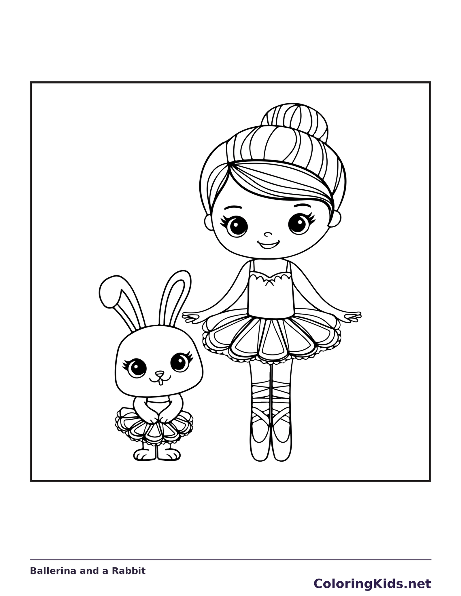 Ballerina and a Rabbit coloring page with black and white ballet line art to print or color online