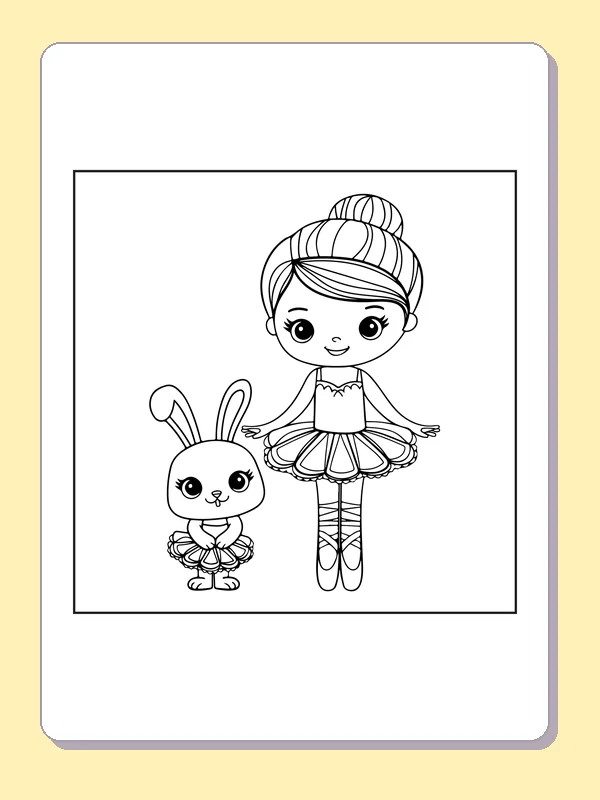 Ballerina and a Rabbit coloring page with black and white ballet line art to print or color online