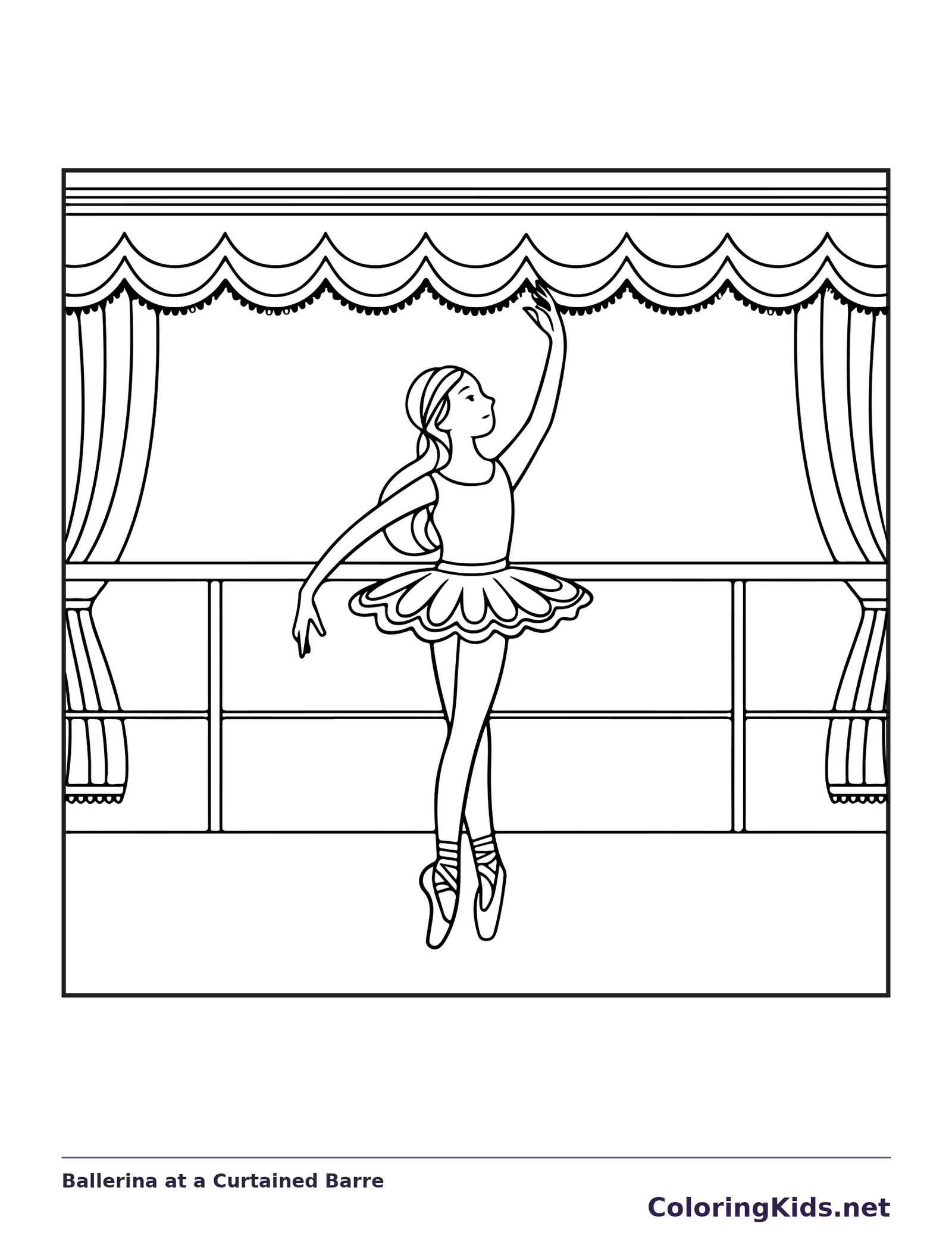 Ballerina at a Curtained Barre coloring page with black and white ballet line art to print or color online