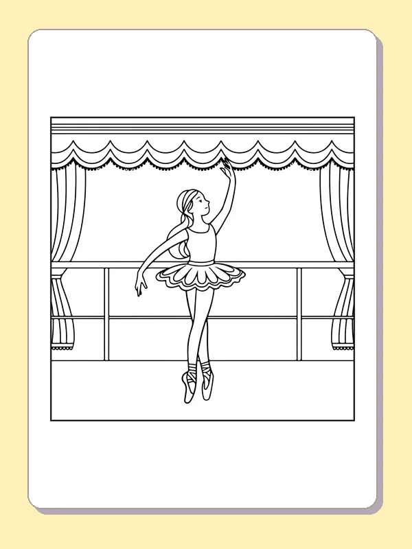 Ballerina at a Curtained Barre coloring page with black and white ballet line art to print or color online