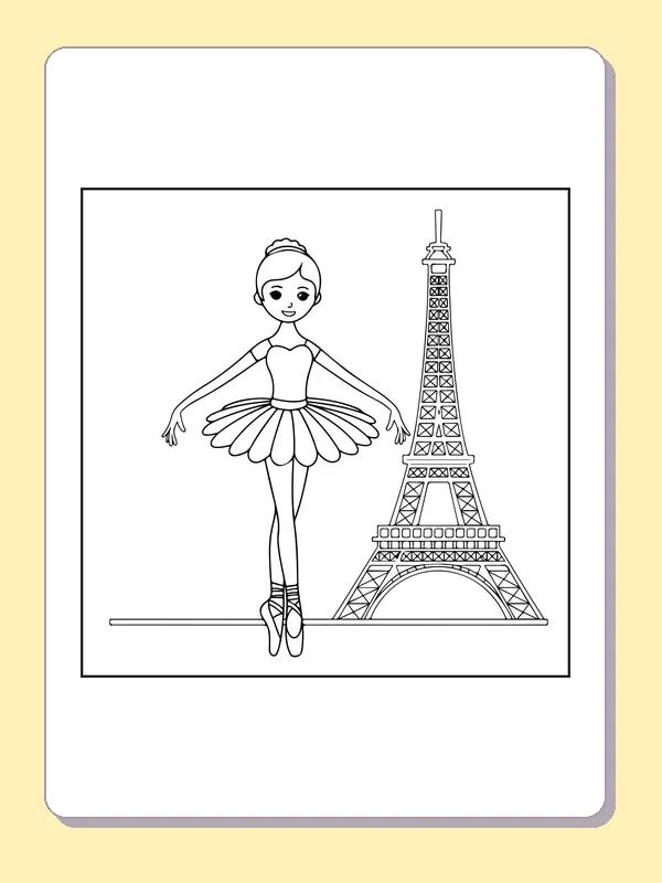 Ballerina beside the Eiffel Tower coloring page with black and white ballet line art to print or color online