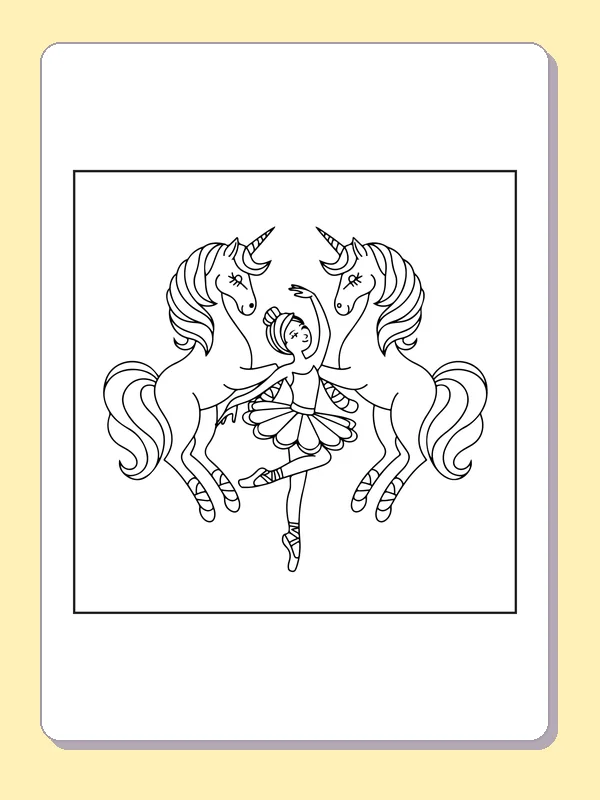 Ballerina between Unicorns coloring page with black and white ballet line art to print or color online