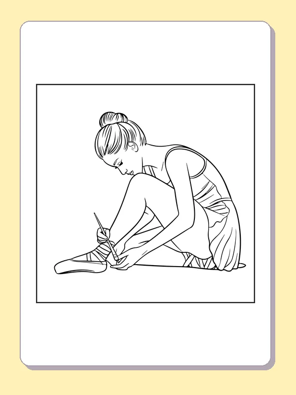 Ballerina Fixing Shoe Ribbons coloring page with black and white ballet line art to print or color online