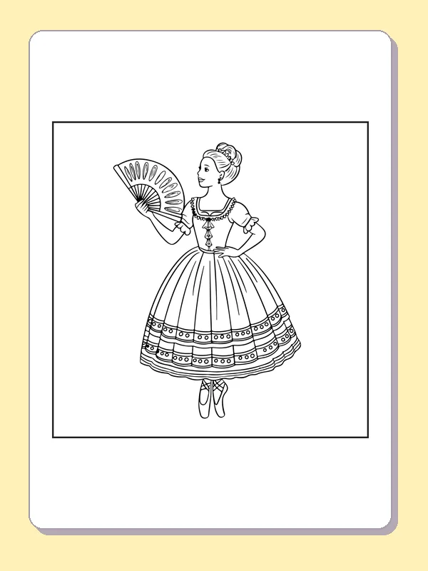 Ballerina Holding a Fan coloring page with black and white ballet line art to print or color online