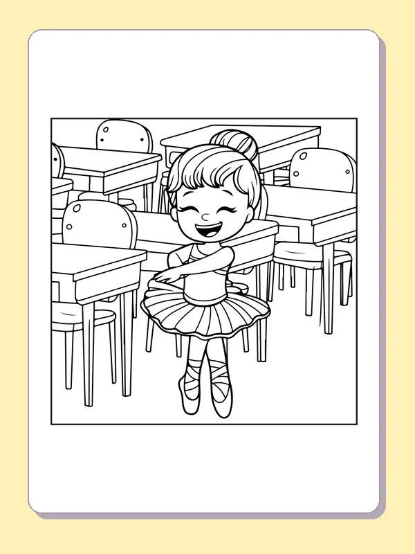 Ballerina in a Classroom coloring page with black and white ballet line art to print or color online