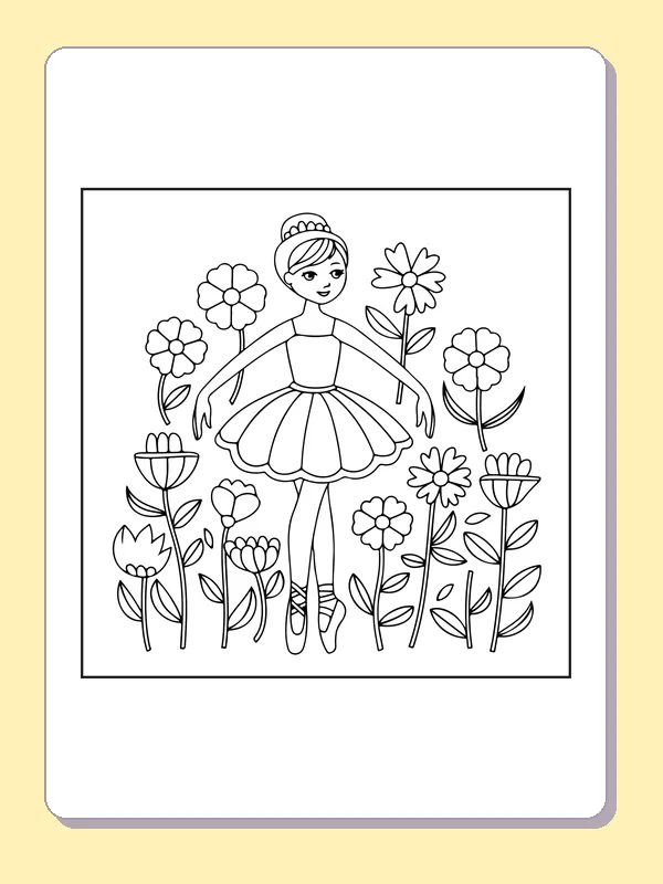 Ballerina in a Flower Garden coloring page with black and white ballet line art to print or color online