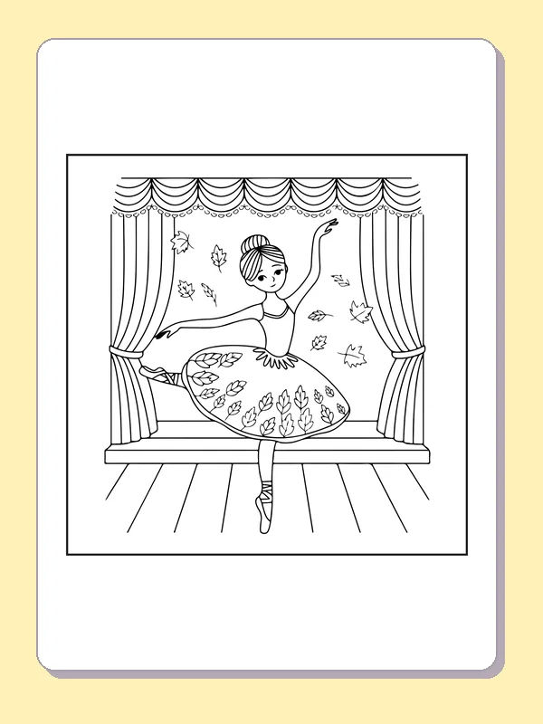 Ballerina in a Leaf Dress coloring page with black and white ballet line art to print or color online