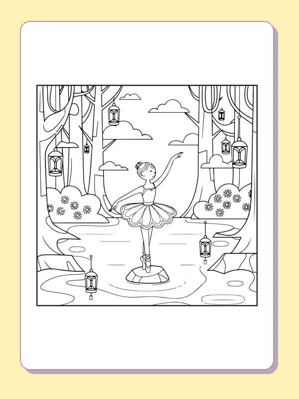 Ballerina in a Woodland coloring page with black and white ballet line art to print or color online