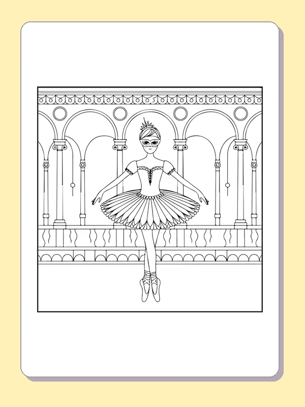 Ballerina in an Arched Hall coloring page with black and white ballet line art to print or color online