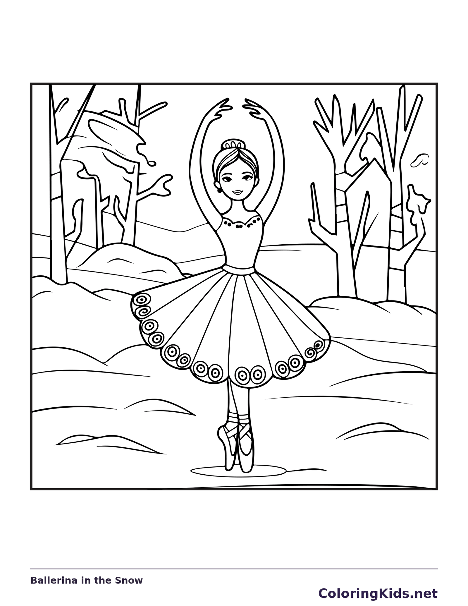 Ballerina in the Snow coloring page with black and white ballet line art to print or color online