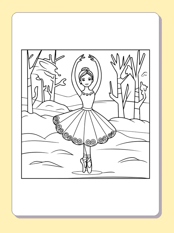 Ballerina in the Snow coloring page with black and white ballet line art to print or color online