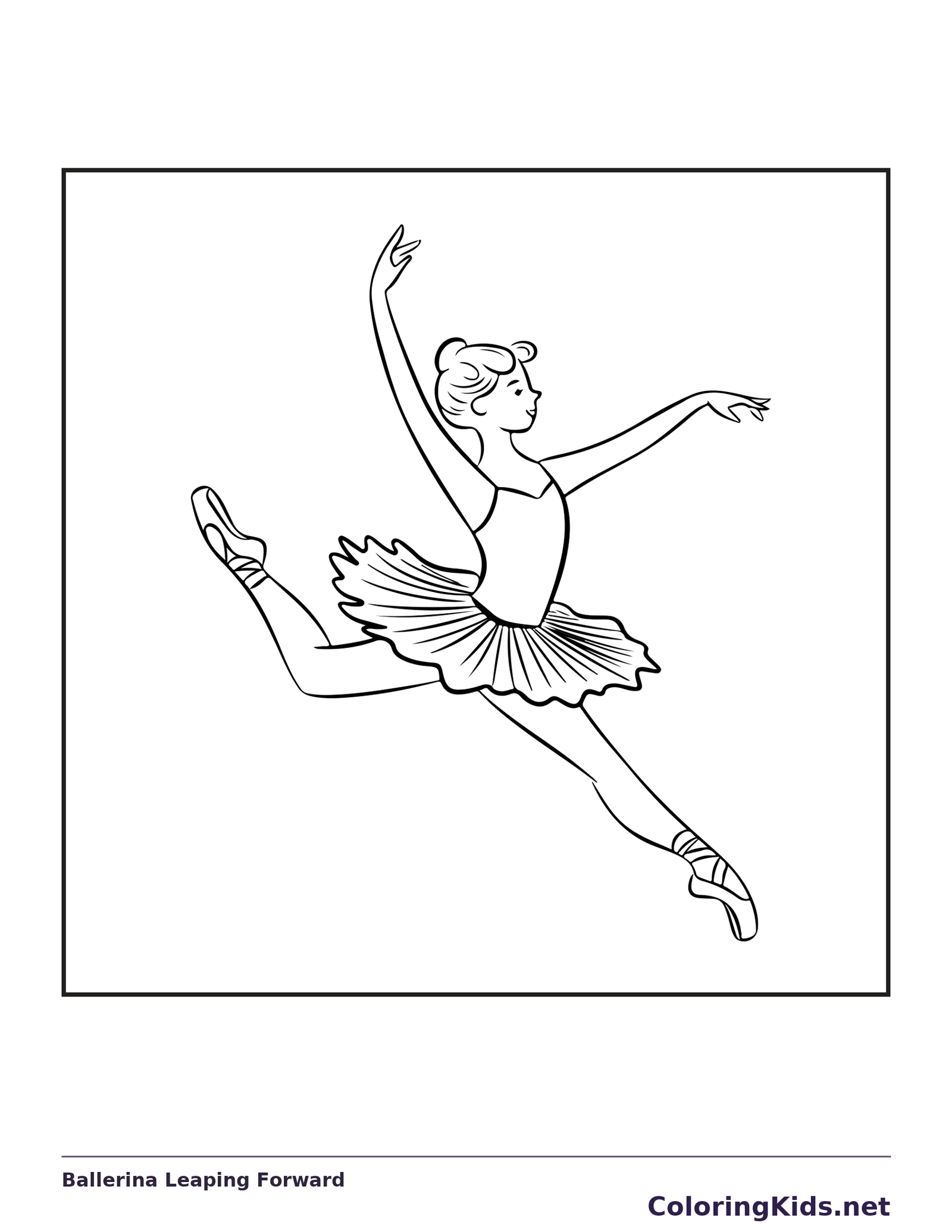 Ballerina Leaping Forward coloring page with black and white ballet line art to print or color online