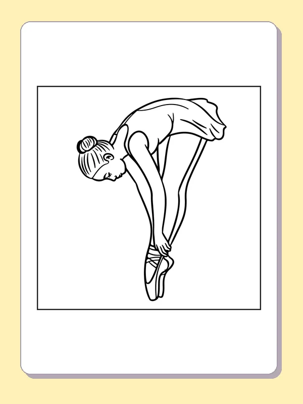 Ballerina Stretching Forward coloring page with black and white ballet line art to print or color online