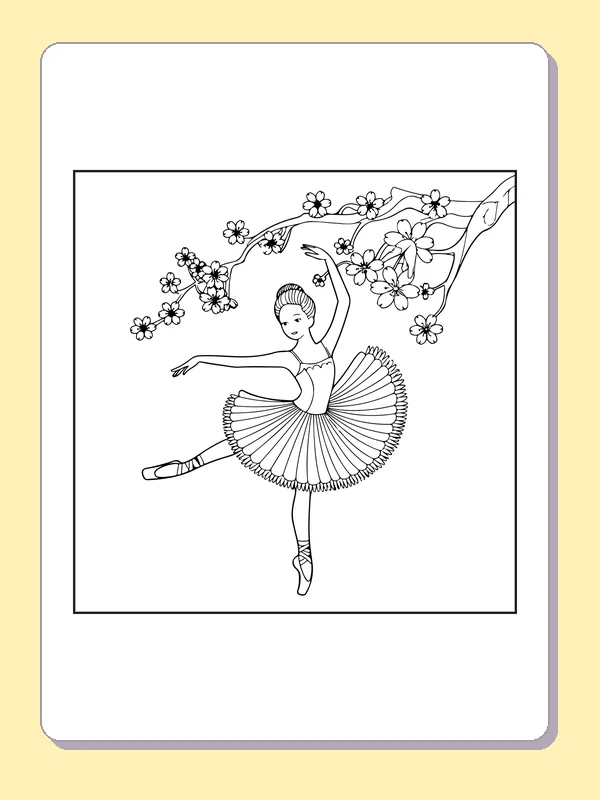 Ballerina beneath Blossoms coloring page with black and white ballet line art to print or color online