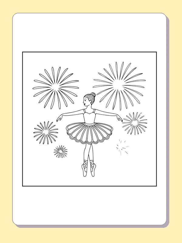 Ballerina beneath Fireworks coloring page with black and white ballet line art to print or color online