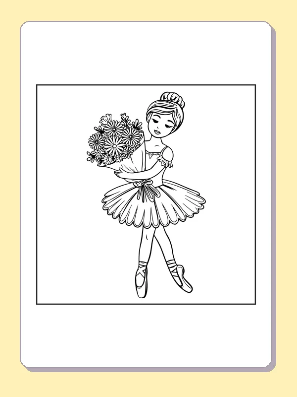 Ballerina with a Bouquet coloring page with black and white ballet line art to print or color online
