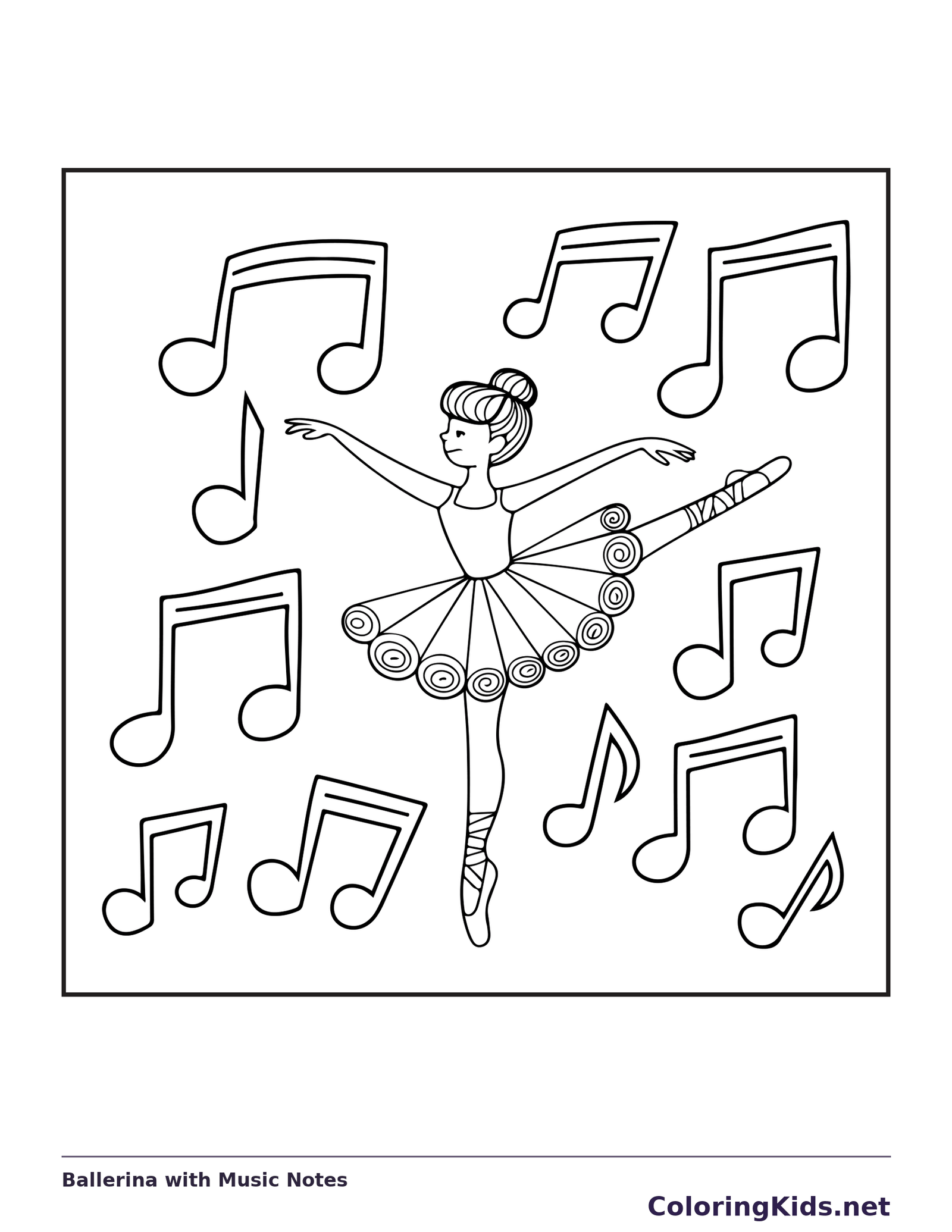 Ballerina with Music Notes coloring page with black and white ballet line art to print or color online