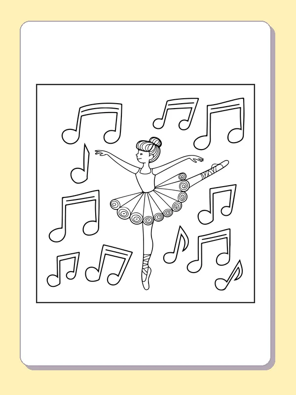 Ballerina with Music Notes coloring page with black and white ballet line art to print or color online