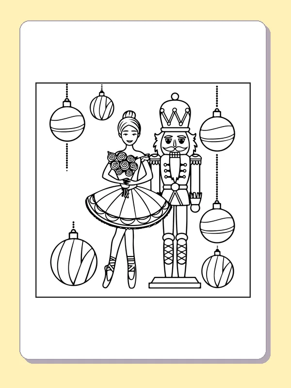 Ballerina with a Nutcracker coloring page with black and white ballet line art to print or color online