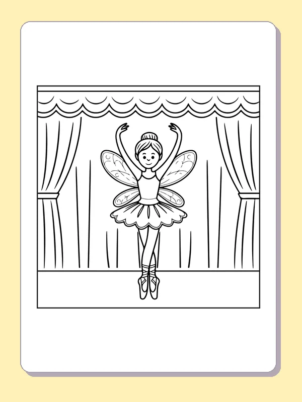 Butterfly-Wing Ballerina coloring page with black and white ballet line art to print or color online