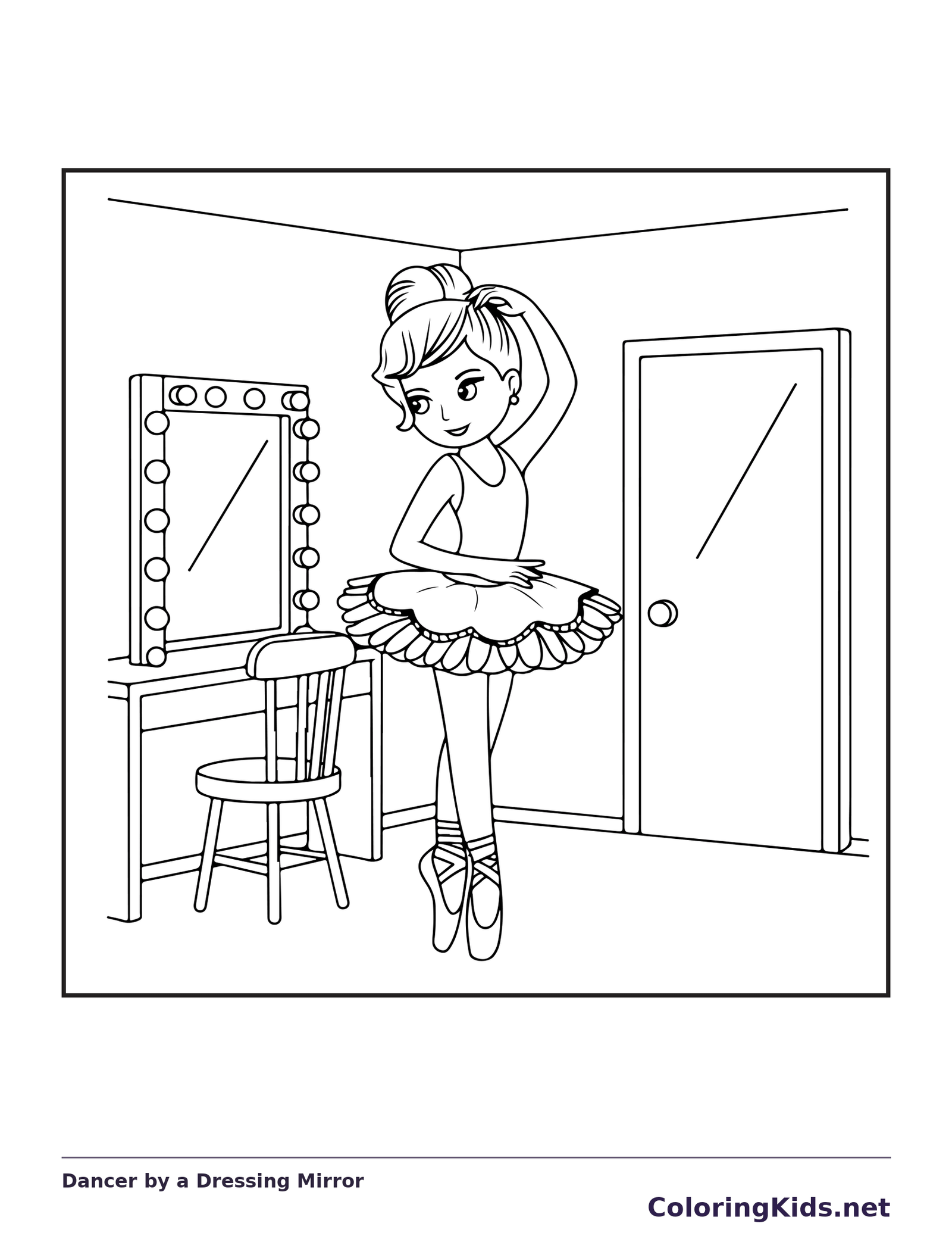 Dancer by a Dressing Mirror coloring page with black and white ballet line art to print or color online