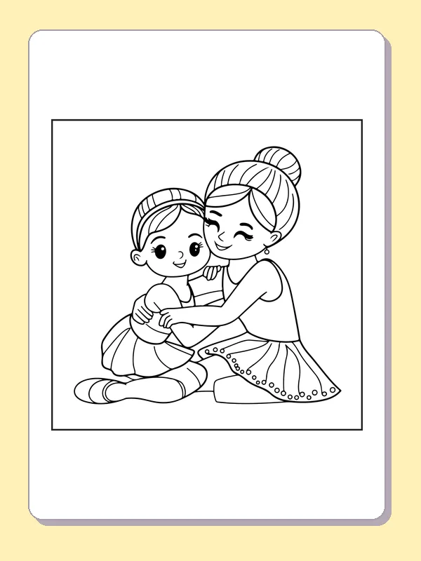Dancer Helping a Child coloring page with black and white ballet line art to print or color online