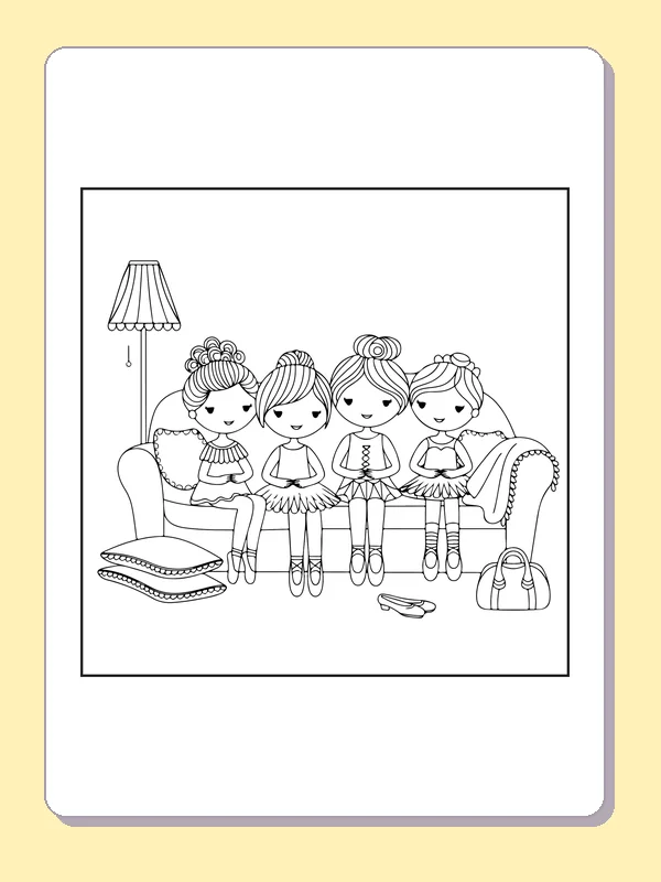 Dancers Resting Together coloring page with black and white ballet line art to print or color online