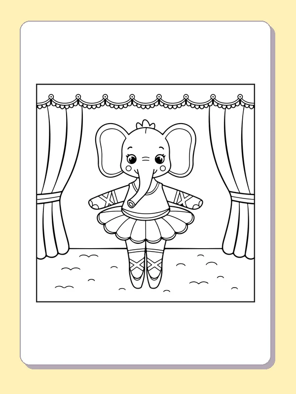 Elephant Ballerina coloring page with black and white ballet line art to print or color online