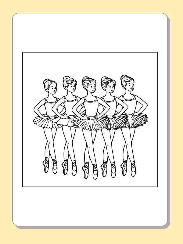 Five Ballerinas in a Line coloring page with black and white ballet line art to print or color online