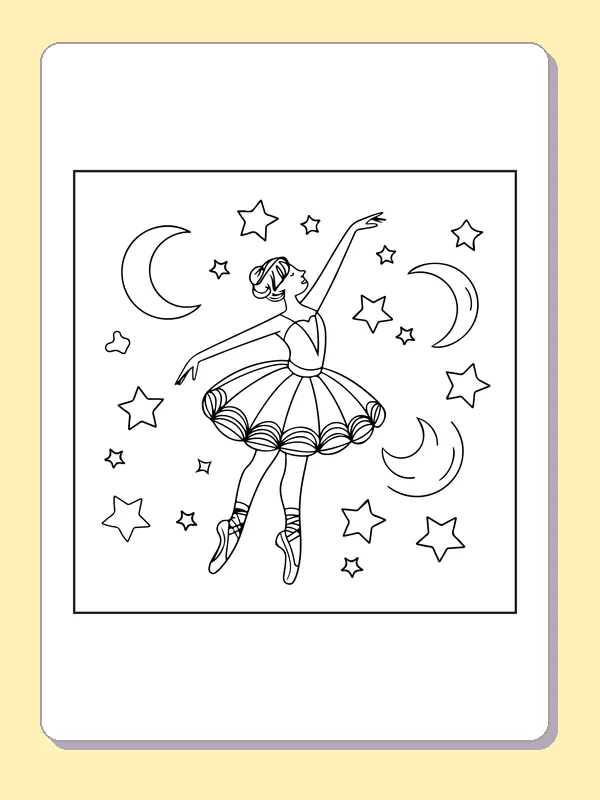 Moonlit Ballerina coloring page with black and white ballet line art to print or color online