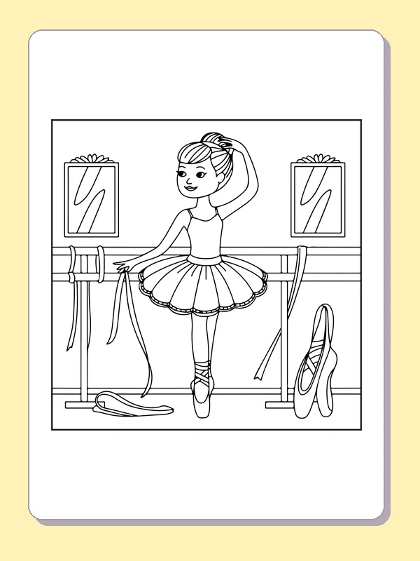 Practice at the Studio Barre coloring page with black and white ballet line art to print or color online