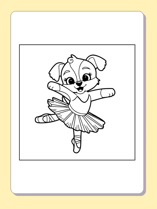 Puppy Ballerina coloring page with black and white ballet line art to print or color online