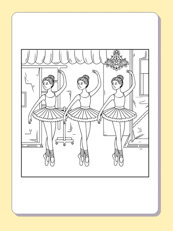 Three Dancers at the Barre coloring page with black and white ballet line art to print or color online