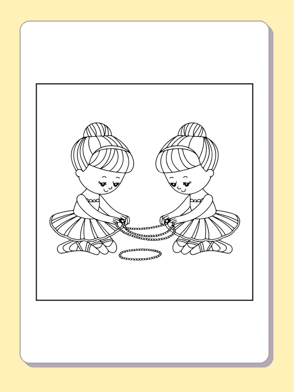 Two Ballerinas Sharing Ribbons coloring page with black and white ballet line art to print or color online